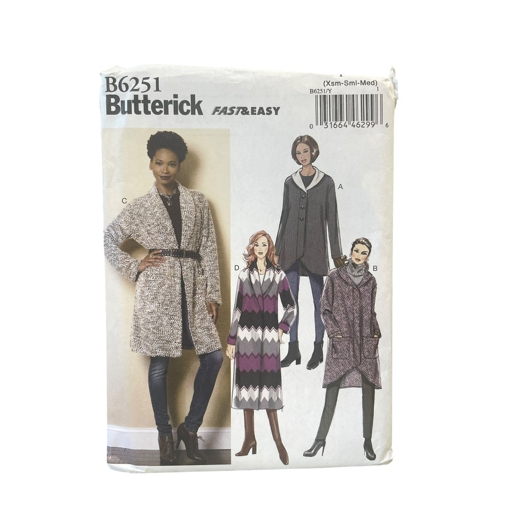 Butterick Sewing Pattern B6251 Misses XS-S-M Sweater Jacket Coat Fast Easy